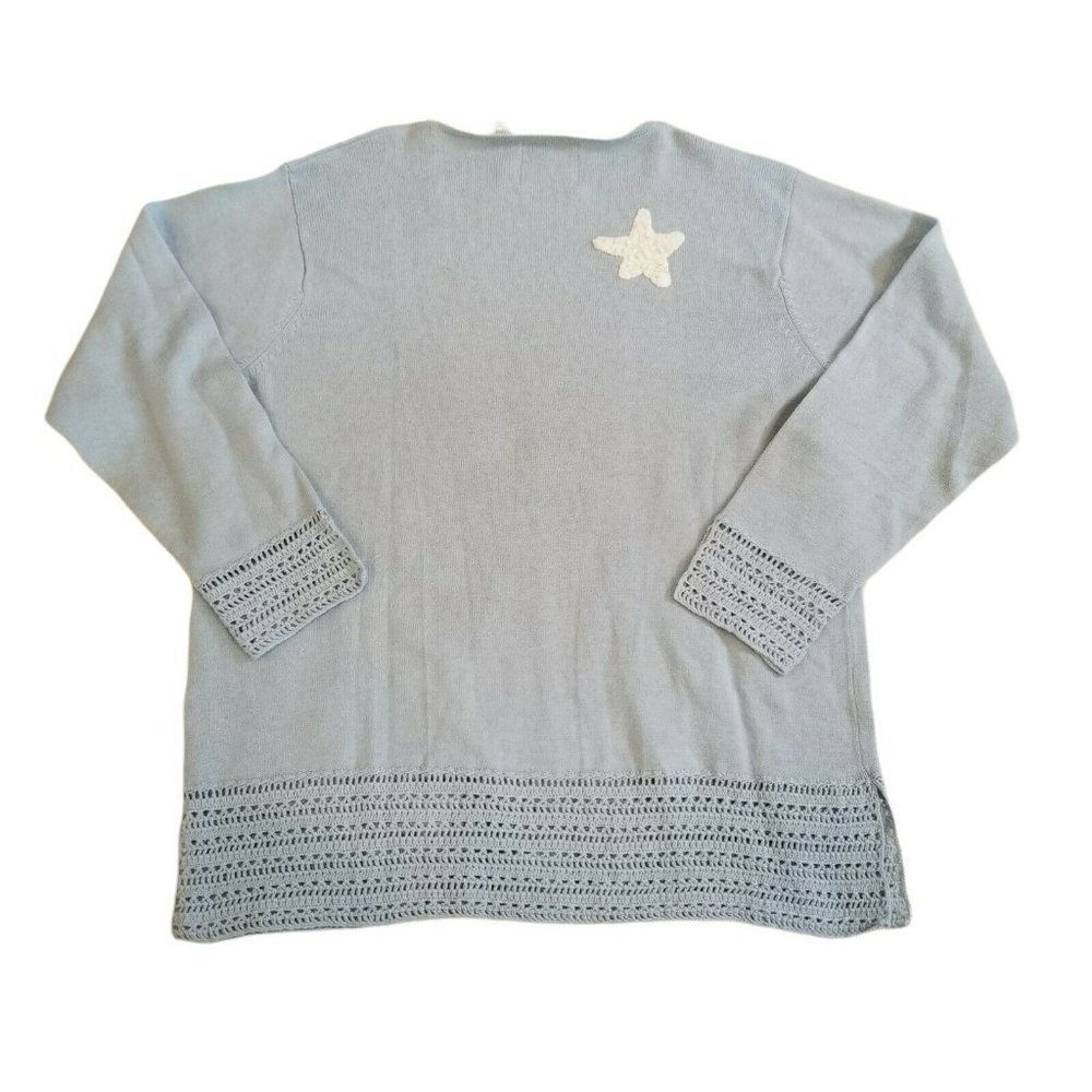 Vintage 90s Light Blue Cardigan Thin Full Zip Embellished Stars Nautical Sz L - Picture 7 of 10